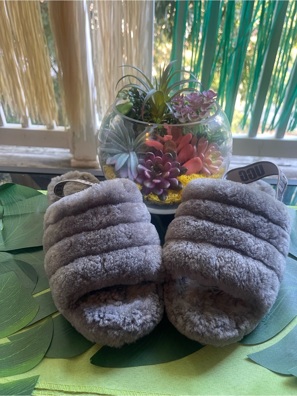 UGG Gray Plush Quilted Slide Slippers